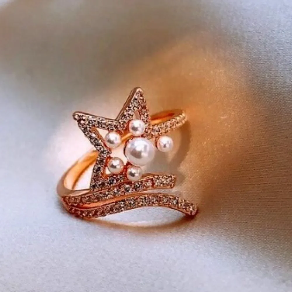 Rose Gold Pearl Star Ring Encased with Diamonds